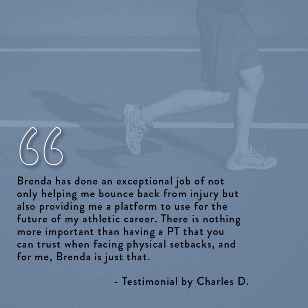Runner midstride with testimonial overlay