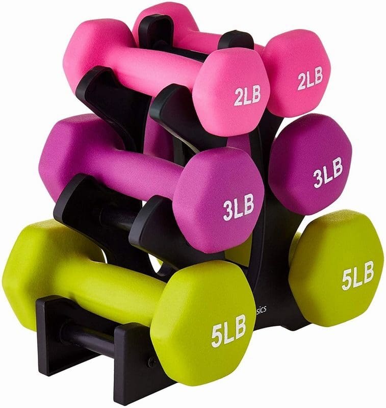 Three-tier dumbbell set showing 2lb 3lb 5lb